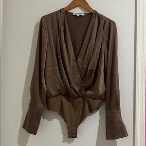 Favorite Daughter Surplice Long Sleeve Satin Bodysuit Size Medium